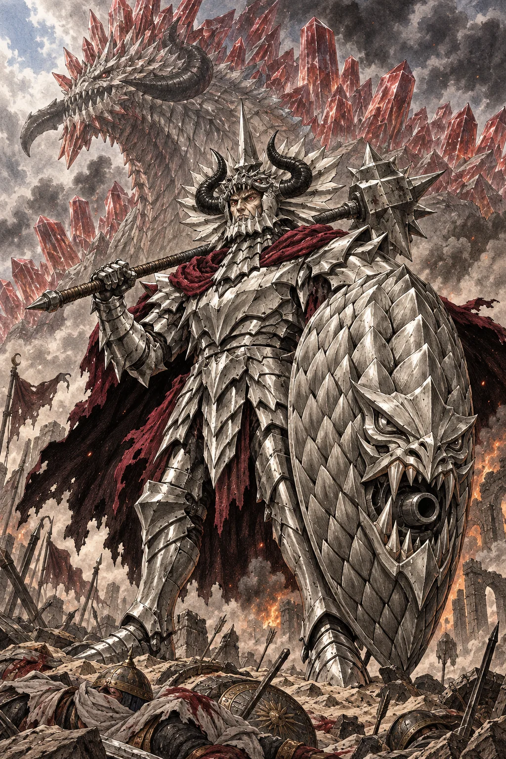 Grunbeld in silver plate armor with war hammer and dragon-faced shield cannon, his crystal-dragon Apostle form looming behind