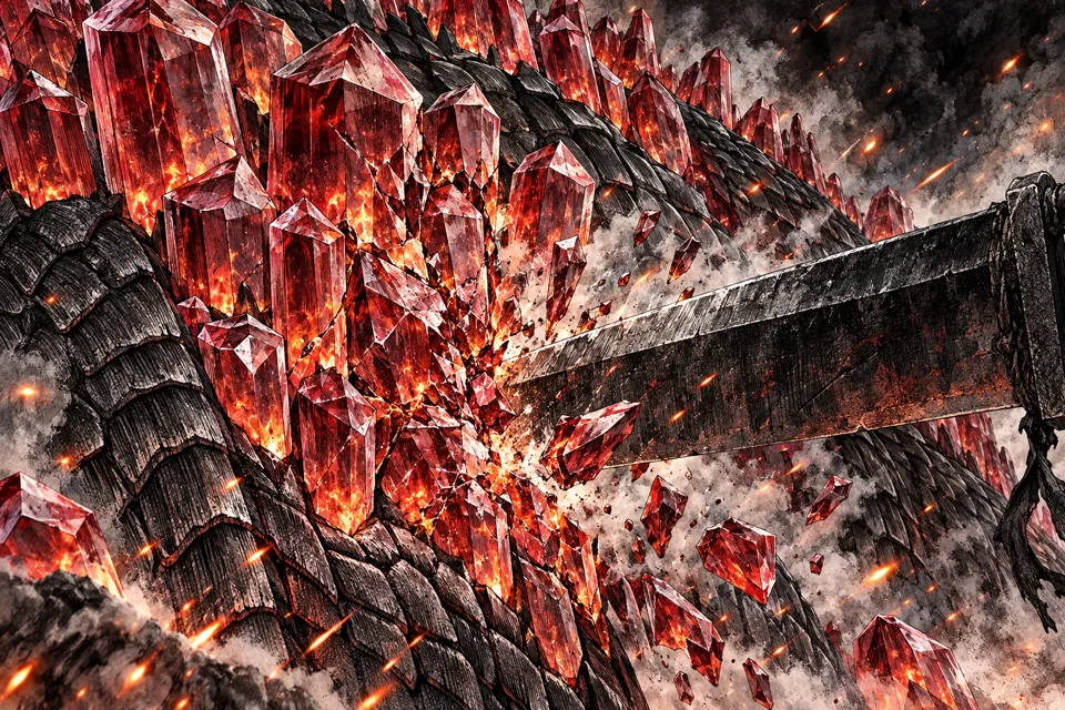 A black iron greatsword cracking the glowing red corundum crystals of the Flame Dragon's hide