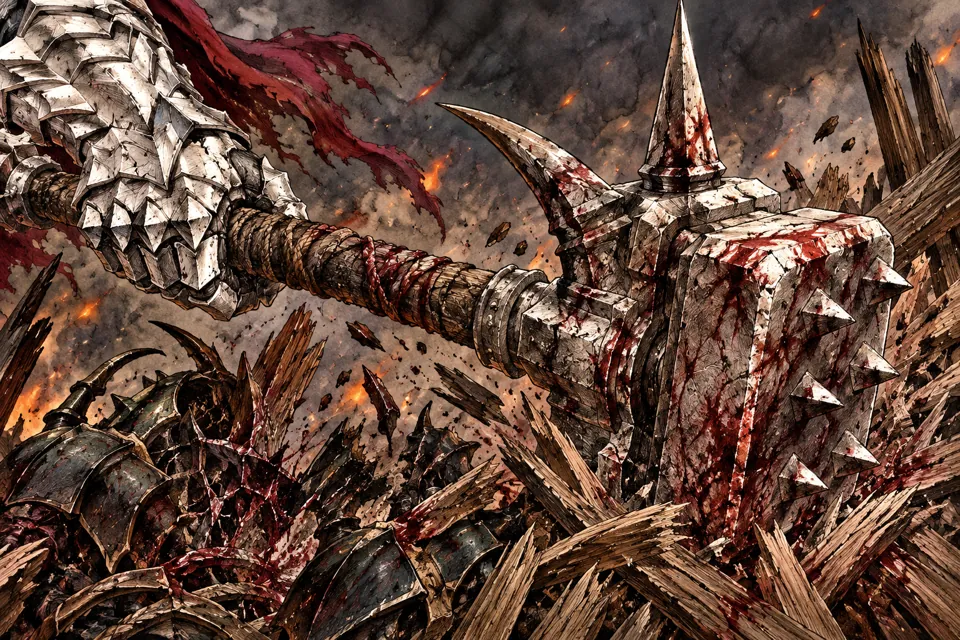 Grunbeld's spiked greathammer smashing through barricades and Kushan armor