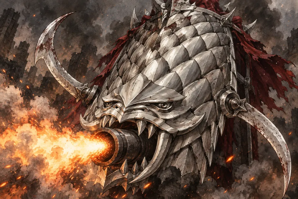 The dragon-faced greatshield firing its hidden cannon, side blades extended