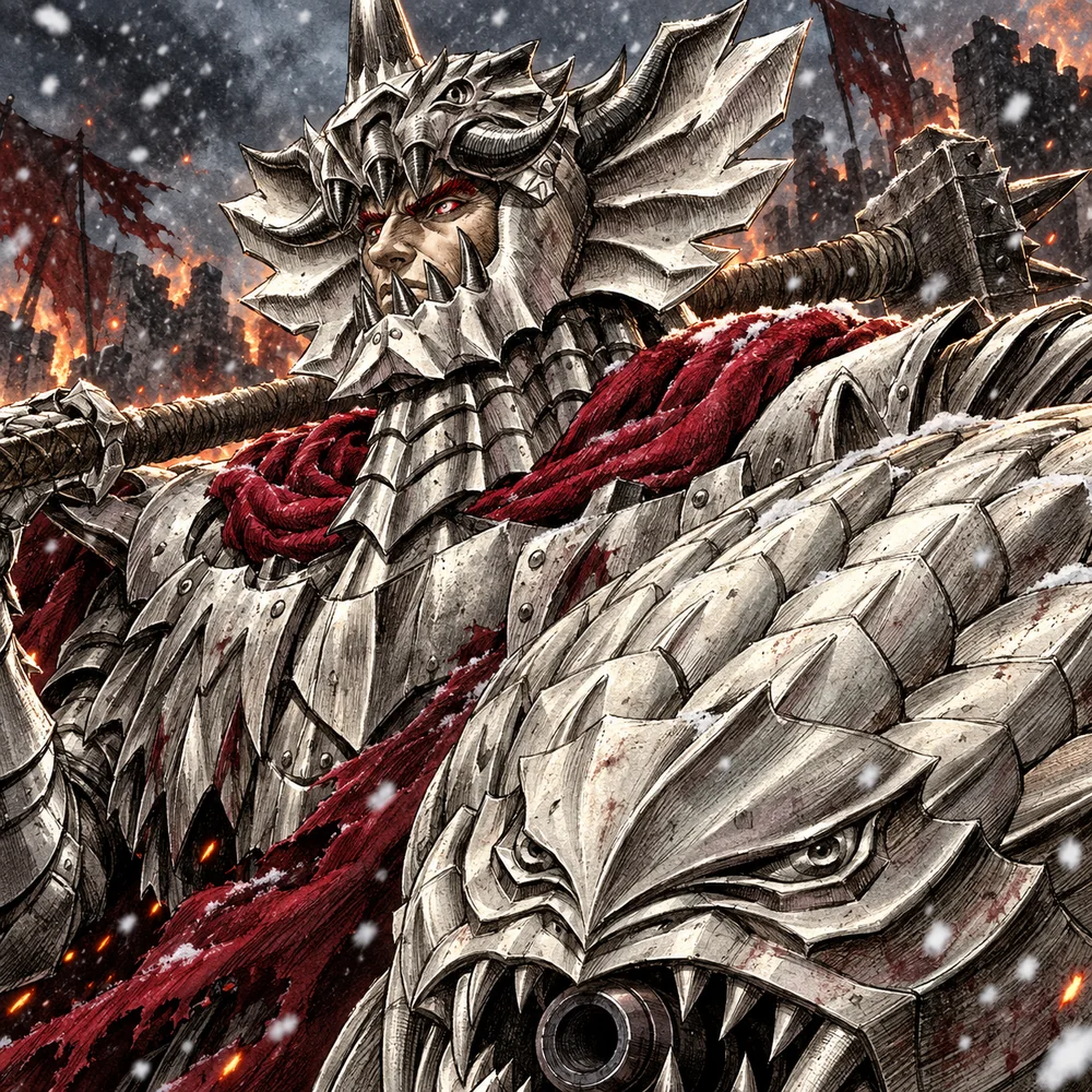 Colored ink portrait of Grunbeld in his horned dragon-skull helm, crimson scarf and dragon-faced shield, in falling snow